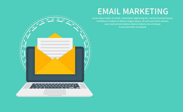 E-mailový marketing, marketing v bulletinu, předplatné e-mailů a odkapávací kampaň s ikonou. Plochý design, vektorový obrázek na pozadí. - Vektor, obrázek