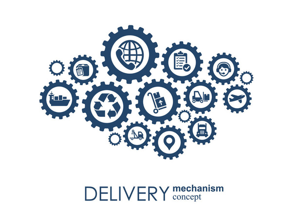 Liefermechanismus-Konzept. abstrakter Hintergrund mit vernetzten Zahnrädern und Symbolen für Logistik, Service, Strategie, Versand, Vertrieb, Transport, Markt, Kommunikationskonzepte. Vektor interaktiv. - Vektor, Bild