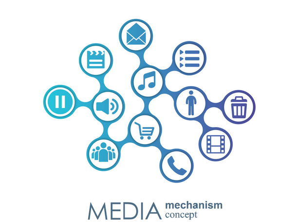 Média mechanizmus fogalmát. Növekedés absztrakt háttér integrált meta labdák, integrált ikonra a digitális, stratégia, internet, hálózat, összeköt, kommunikáció, technológia, globális fogalmak. - Vektor, kép