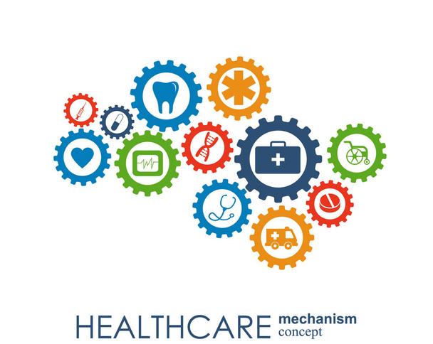 Healthcare mechanism concept. Abstract background with connected gears and icons for medical, health, strategy, care, medicine, network, social media and global concepts. Vector infographic. - Vector, Image
