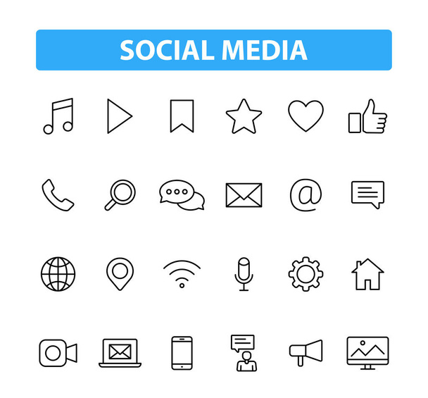 Set van 24 Social Media Web iconen in lijnstijl. Contact, digitale, sociale netwerken, technologie, website. Vector illustratie. - Vector, afbeelding