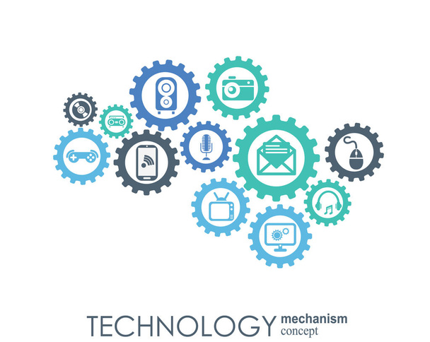 Technology mechanism concept. Abstract background with integrated gears and icons for digital, strategy, internet, network, connect, communicate, social media and global concepts. Vector infographic. - Vector, Image