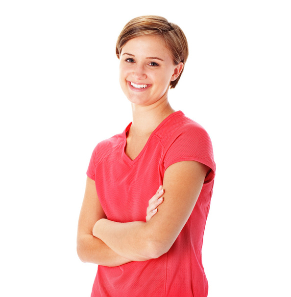 Young Fitness Woman in Red Shirt Isolated on Whi - Foto, imagen