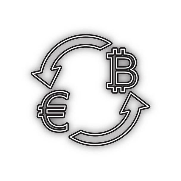 Valutawissel teken. Euro en Bitcoin. Vector. Dubbel contour zwart pictogram met zachte schaduw op witte achtergrond. Geïsoleerd. - Vector, afbeelding