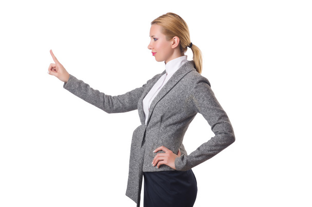 Businesswoman pressing virtual buttons on white - Foto, Imagem