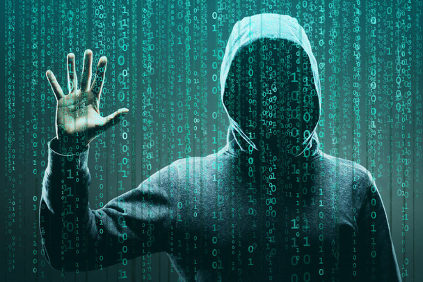 Computer hacker in mask and hoodie over abstract binary background. Obscured dark face. Data thief, internet fraud, darknet and cyber security concept. - Foto, immagini