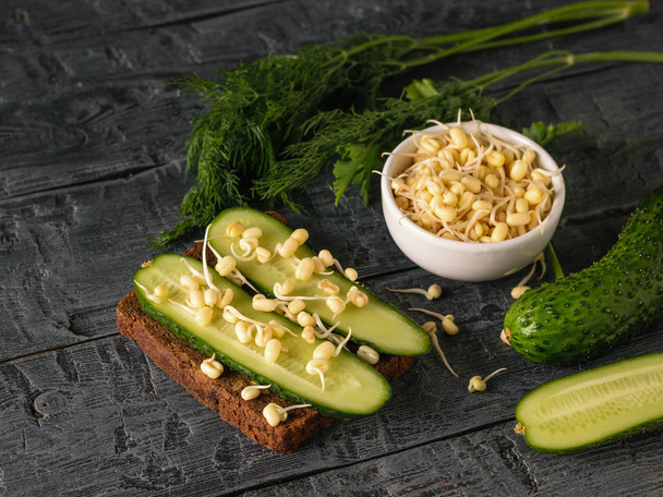 Whole grain bread with cucumbers and sprouted mung beans on the village table. - Photo, Image