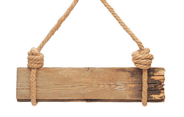 close up of an empty wooden sign hanging on a rope on white back - Photo, Image