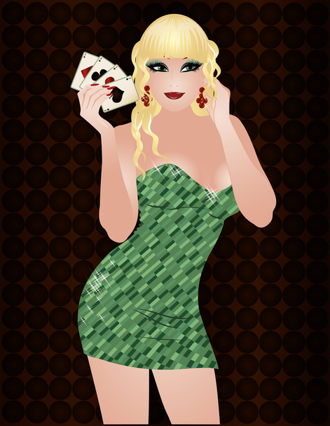 Sexy blonde girl with poker cards. vector illustration - Vector, Imagen