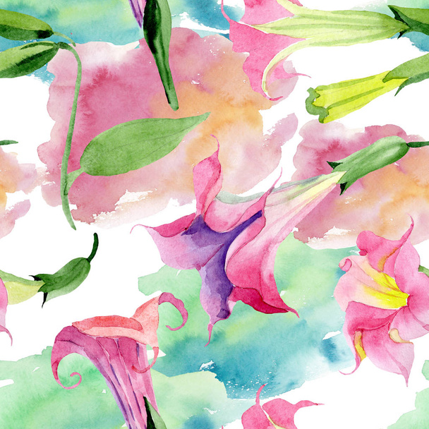 Brugmansia rosa flores botánicas florales. Conjunto de ilustración de fondo acuarela. Patrón de fondo sin costuras
. - Foto, Imagen