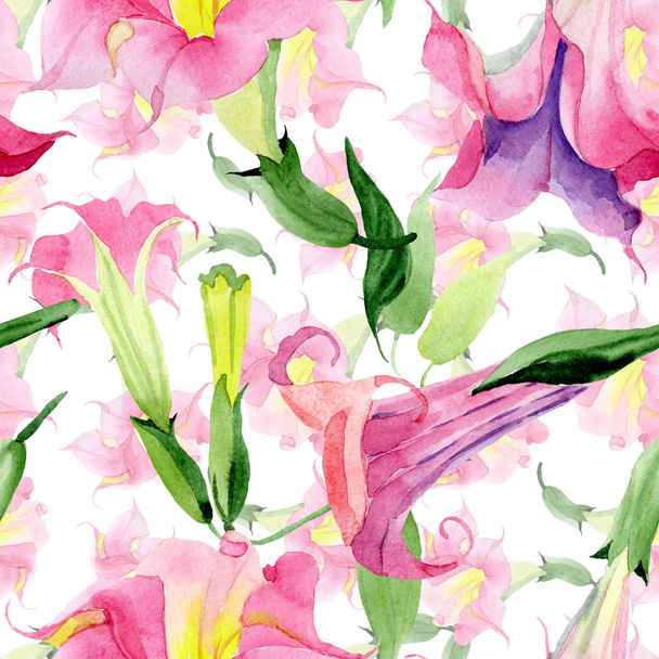 Różowe Brugmansia kwiatowe kwiaty botaniczne. Akwarela zestaw ilustracji tła. Płynny wzór tła. - Zdjęcie, obraz