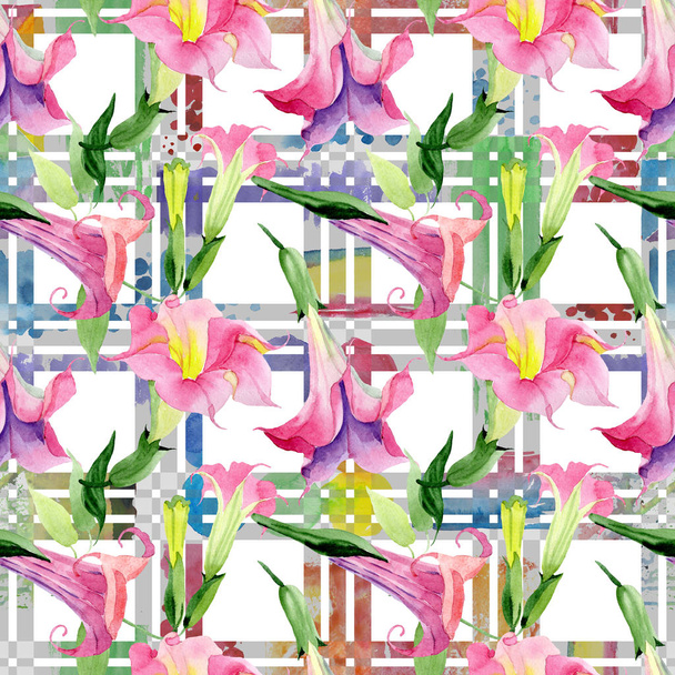 ピンクの brugmansia 花の植物園。水彩画背景イラストセット。シームレスな背景パターン. - 写真・画像
