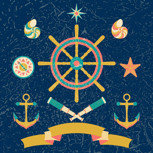 Nautical Marine circle children poster. Cartoon style with grunge effects - Vector, Image
