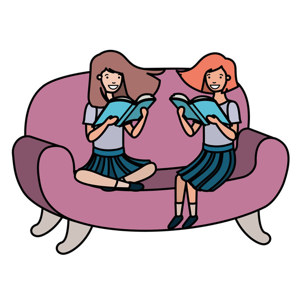 Kadınlar kanepede kitap karakteriyle oturuyor. - Vektör, Görsel