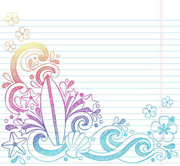 Tabla de surf Tropical Beach Summer Vacation Sketchy Notebook Doodles- Ilustración dibujada a mano en el fondo del libro de bocetos forrado
 - Vector, imagen