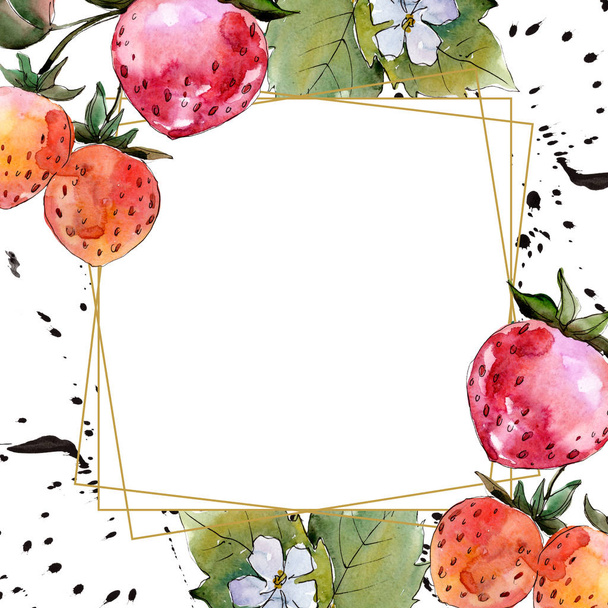 Erdbeere gesunde Ernährung. Aquarell Hintergrundillustration Set. Rahmen Rand Kristall Ornament Quadrat. - Foto, Bild