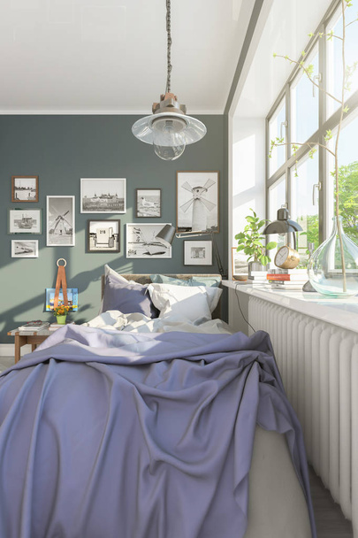 3D-Darstellung eines kleinen skandinavischen Schlafzimmers - Foto, Bild