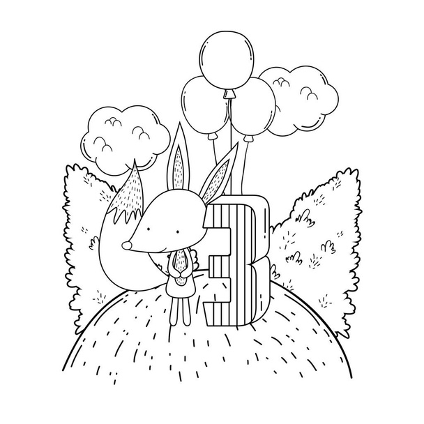 niedlich und kleiner Fuchs mit Luftballons Helium in der Landschaft - Vektor, Bild