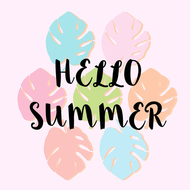 Hello summer icon. Tropical vector print on monstera backdrop. - Vetor, Imagem