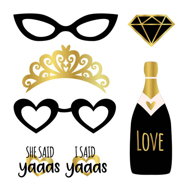 Silhouette set of party photobooth props vector elements. Champagne, crown, glasses, diamond and signs She said Yes - in american trend word - Vetor, Imagem