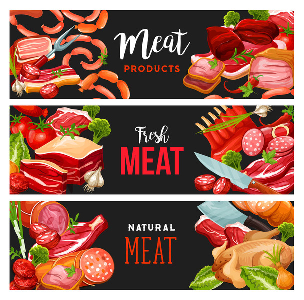 Meat sausages, beef and pork gourmet butcher shop - Vector, Image