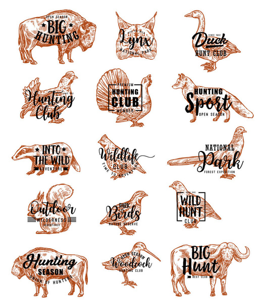 Caça animais de estação aberta e pássaros ícones lettering
 - Vetor, Imagem