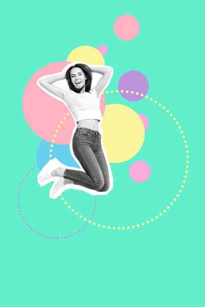 Full length body size portrait nice cute cool attractive cheerful she her lady fly air mixed into grey paint illustration sport life placard idea concept isolated colored circles drawing background - Foto, Imagem
