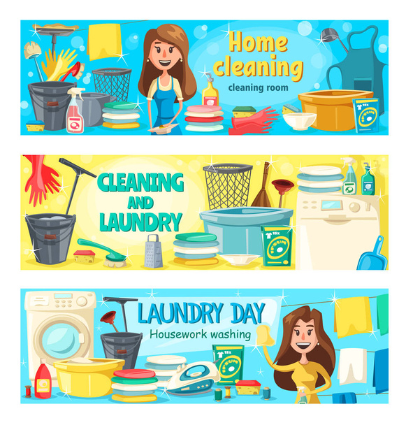 Servicio de limpieza de casas, lavandería y lavado en el hogar
 - Vector, Imagen
