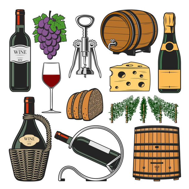 Wine accessories, winemaking bottle and barrel - Vector, Image