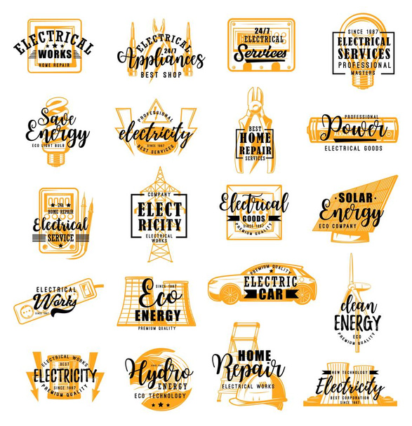 Electrician, electricity service lettering icons - Vector, Image