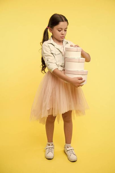 happy birthday. happy birthday concept. happy girl with birthday presents. happy kid hold birthday gift boxes. make a wish. - Photo, Image