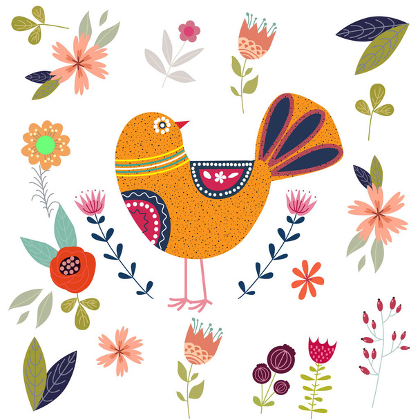 Art colorful illustration with beautiful abstract folk bird and  - Vektor, Bild