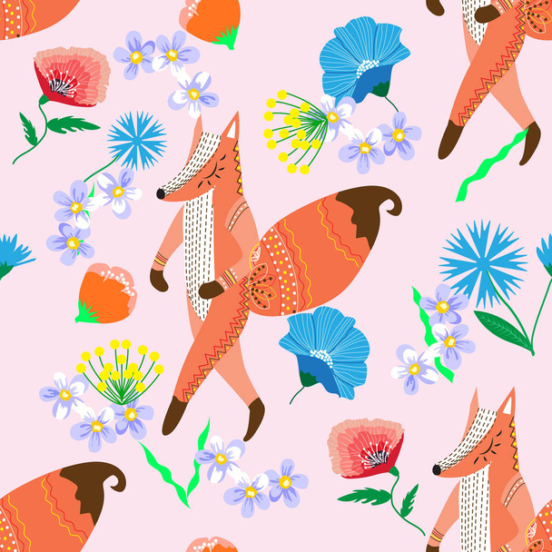 Art colorful illustration with beautiful abstract folk fox and f - Vektör, Görsel