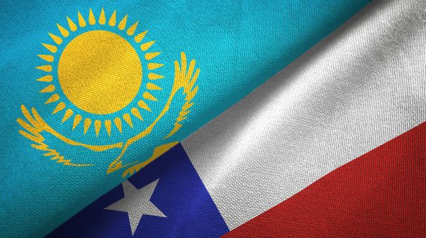 Kazachstan en Chili twee vlaggen textiel doek, weefsel textuur - Foto, afbeelding