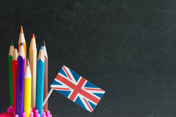 Learning speaking and teaching english with british flag abstract background concept - Foto, Imagen