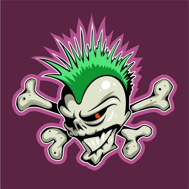 Cartoon style skull with iroquois haircut and crossing bones on background, vector logo - Vektor, Bild