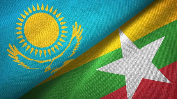 Kazakistan ve Myanmar iki bayrak tekstil kumaş, kumaş doku - Fotoğraf, Görsel