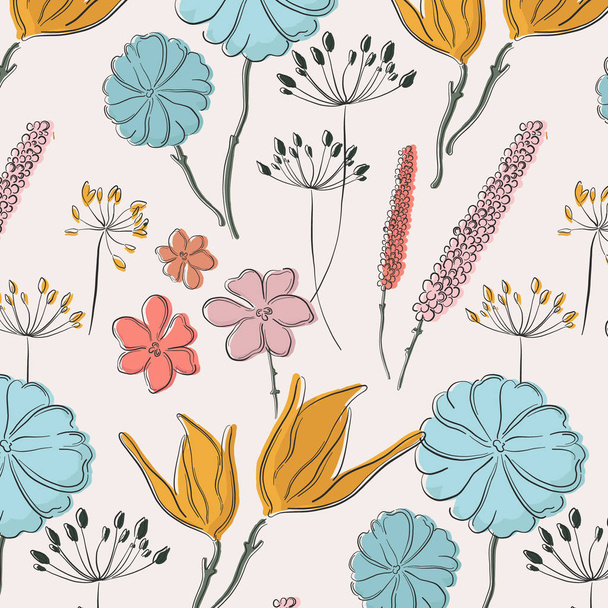 Flower summer fabric pattern. Spring waterclor line art paradise botanical print. Vintage garden floral decoration.  - ベクター画像