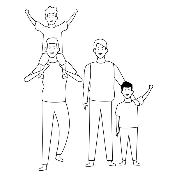 Οικογένεια με παιδιά κινούμενα σχέδια σε μαύρο και άσπρο - Διάνυσμα, εικόνα