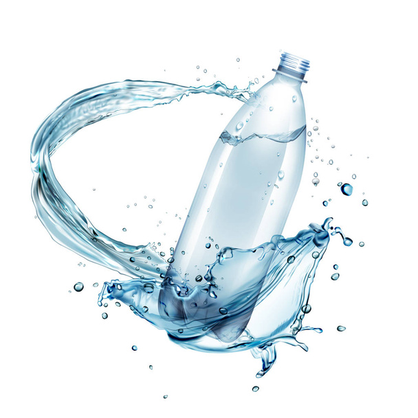 Ilustración vectorial de salpicaduras de agua alrededor de una botella de plástico aislada sobre fondo
 - Vector, imagen