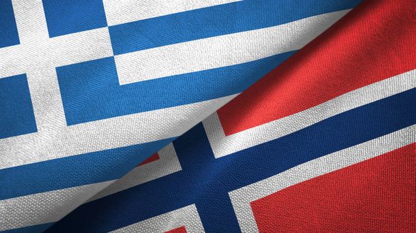 Yunanistan ve Norveç iki bayrak tekstil kumaş, kumaş doku - Fotoğraf, Görsel