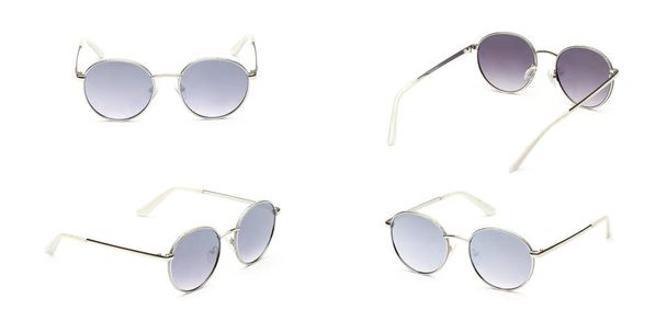 Nastavte modré sluneční brýle na kruhové rám izolované na bílém pozadí. Staré módní sluneční brýle. Sklenice letní sbírky - Fotografie, Obrázek