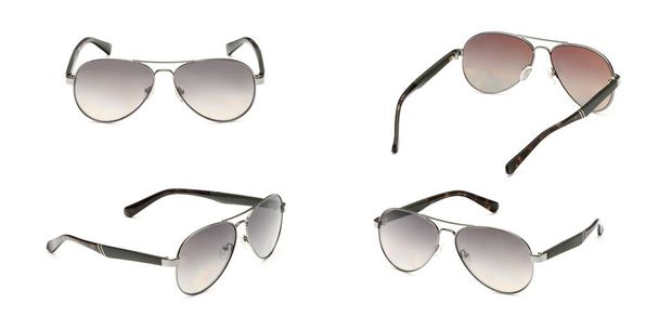 Aviador de montura de sol con lentes Mirror grises aisladas sobre fondo blanco. Colección de gafas de verano de moda. Set de gafas de sol polarizantes
 - Foto, imagen