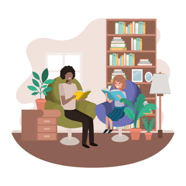 père et fille avec livre dans le salon personnage avatar
 - Vecteur, image