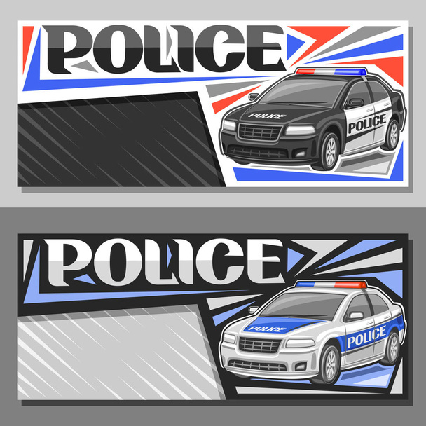 Διανυσματικά πανό για αστυνομικό αυτοκίνητο, σχεδιαγράμματα με εικόνα του σύγχρονου σεντάν του δημοτικού τμήματος του Δήμου, διακοσμητικά γράμματα για την αστυνομία λέξεων, φυλλάδια με χώρο αντιγραφής σε γκρίζο αφηρημένο φόντο. - Διάνυσμα, εικόνα