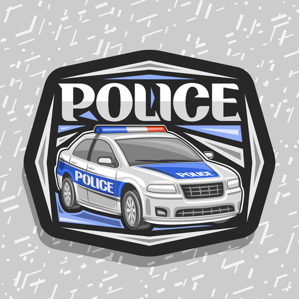Polis Arabası için Vektör logosu, belediye yol departmanı modern sedan illüstrasyon ile siyah dekoratif işareti, kelime polis için orijinal yazı, gri arka plan üzerinde sokak polisler için tasarım etiketi. - Vektör, Görsel