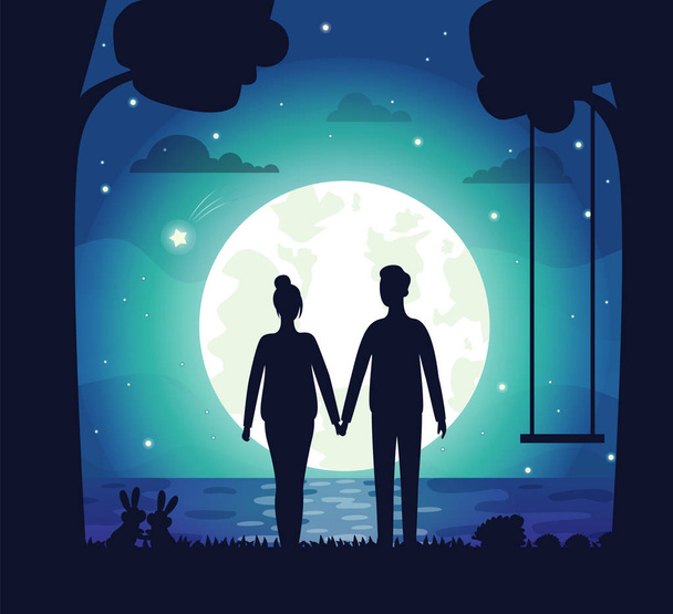 romantisches Paar in der Nacht, Dating-Menschen und Mond - Vektor, Bild