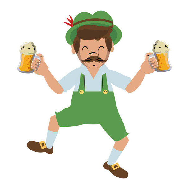 Bavarian man holding beer cups - Vector, Imagen