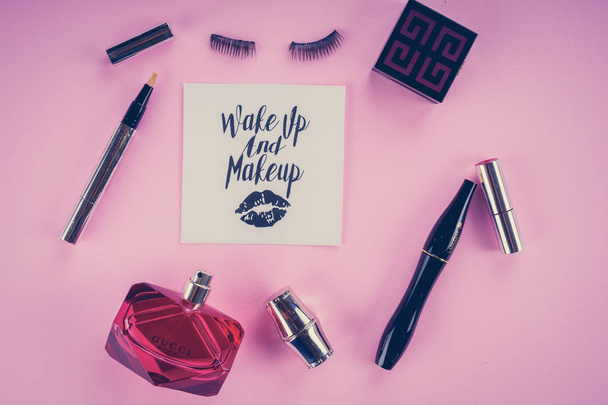 Various makeup products on pink background - Photo, Image