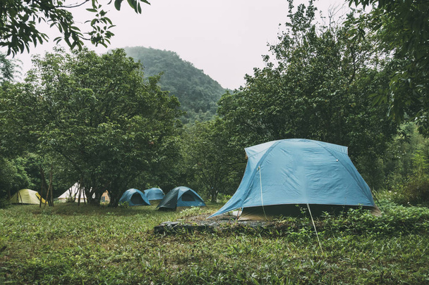Шатер купола голубого цвета и ландшафты горного хребта на заднем плане. Туристический лагерь с большим количеством палаток в лесу
 - Фото, изображение